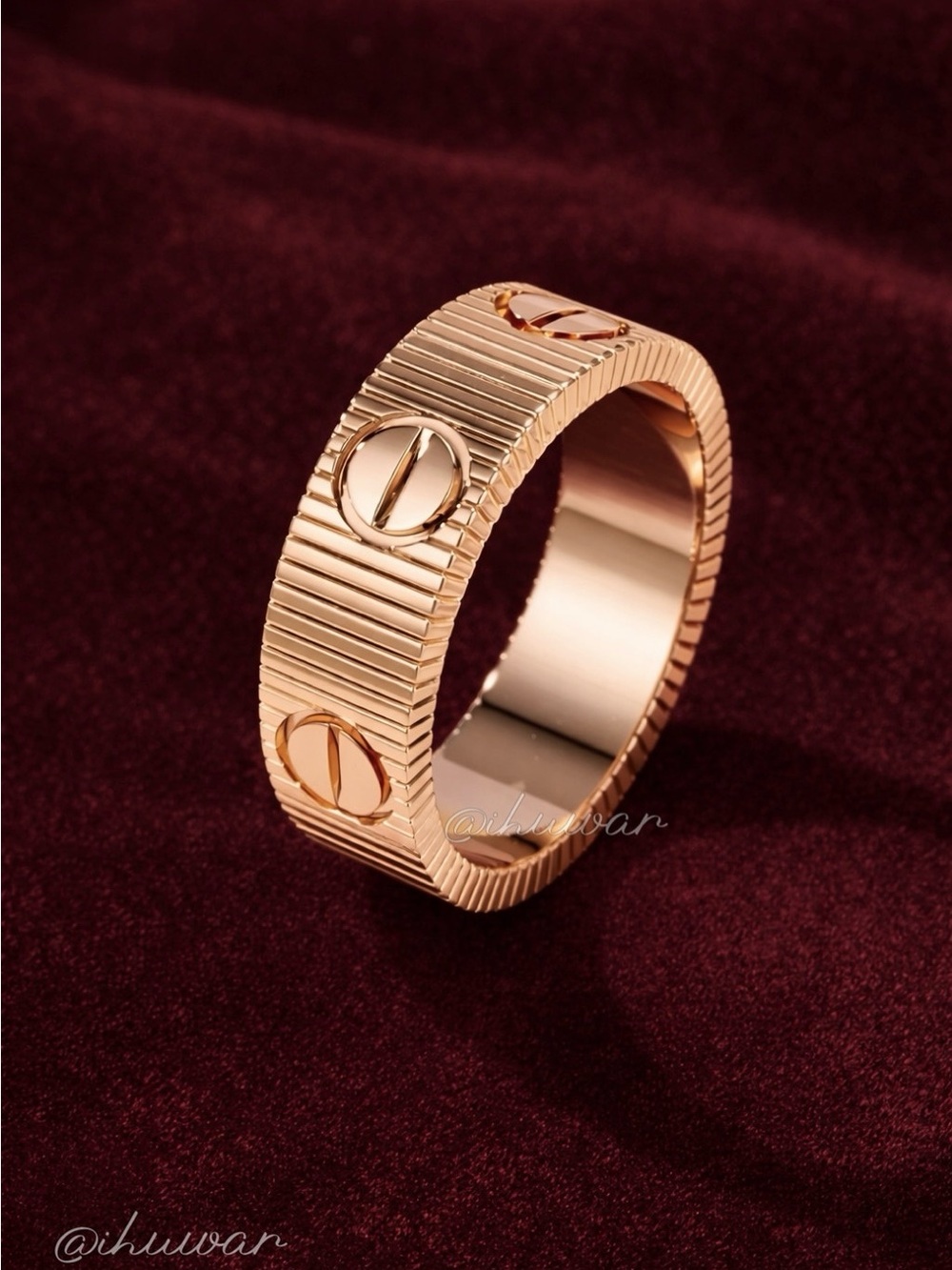 Screw Motif 18K Rose Gold Plated LOVE Ring Ribbed Screw Motif Band Size 8